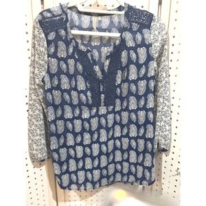 Indigo Moon Paisley Lace‎ Trim V Neck Blouse Top Women's Size M